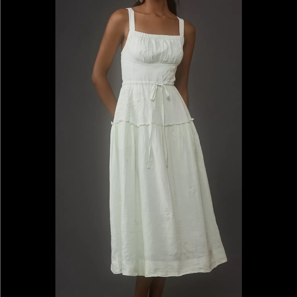White Anthropologie linen cotton dress with tie waist and pockets